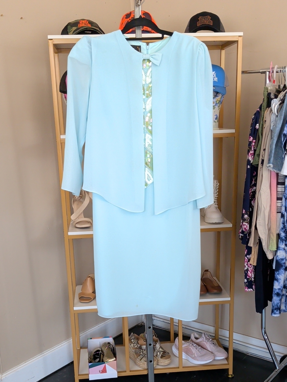 Ursula of Switzerland Light Blue Midi Skirt Set with Bow